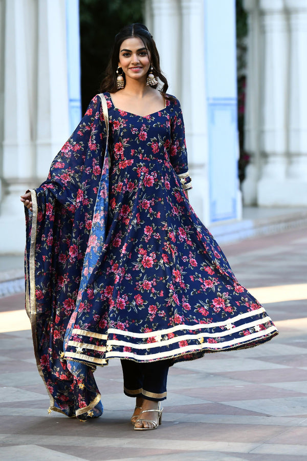 Indigo Floral Anarkali suit set BY SUTI KAPDA -3PC SET