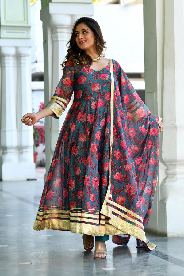 Blue Floral Anarkali kurta set BY SUTI KAPDA -3PC SET