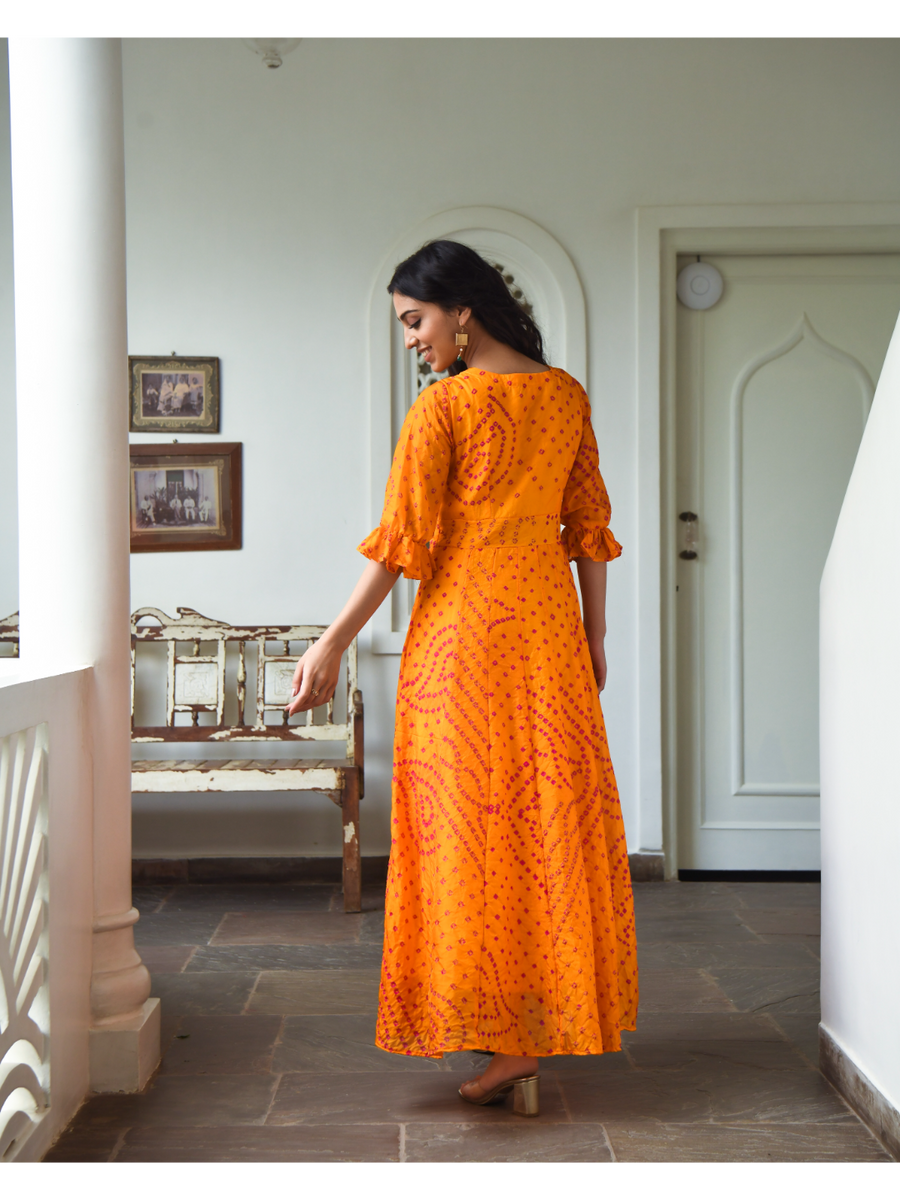 knee length dresses for ladies Yellow Bandhani Dress – SUTI-KAPDA