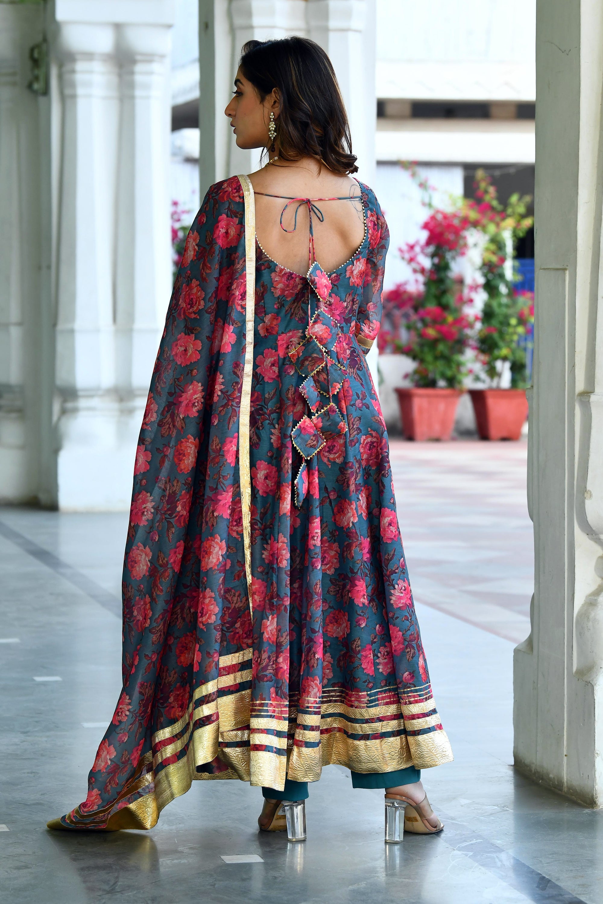 Blue Floral Anarkali kurta set  BY SUTI KAPDA -3PC SET