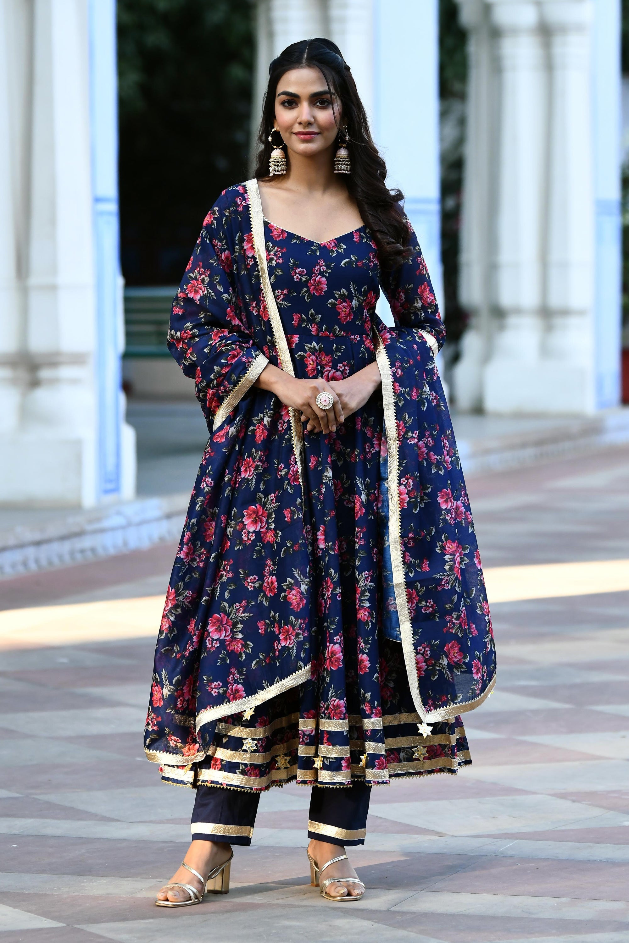 Indigo Floral Anarkali suit set  BY SUTI KAPDA -3PC SET