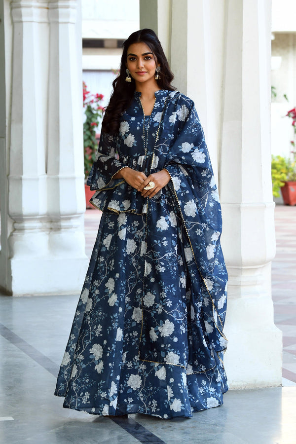 Navy Blue Floral Lehenga set  BY SUTI KAPDA -3PC SET