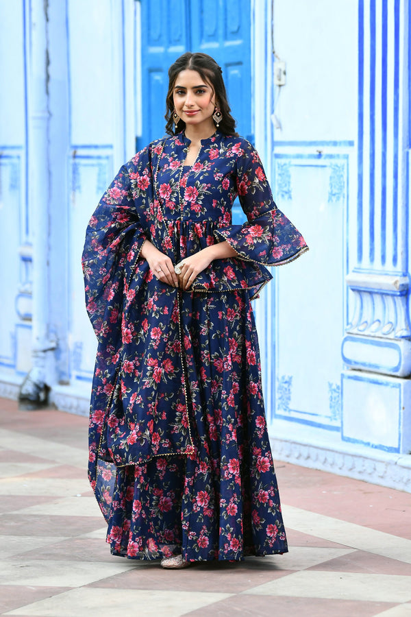 Indigo Floral print Lehenga set  BY SUTI KAPDA -3PC SET