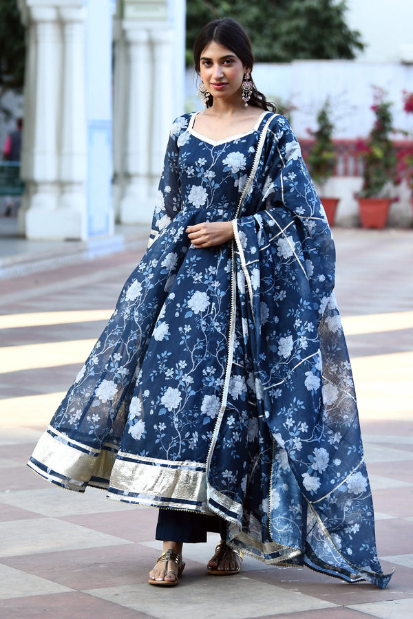 Navy Blue floral Anarkali suit for women  BY SUTI KAPDA -3PC SET