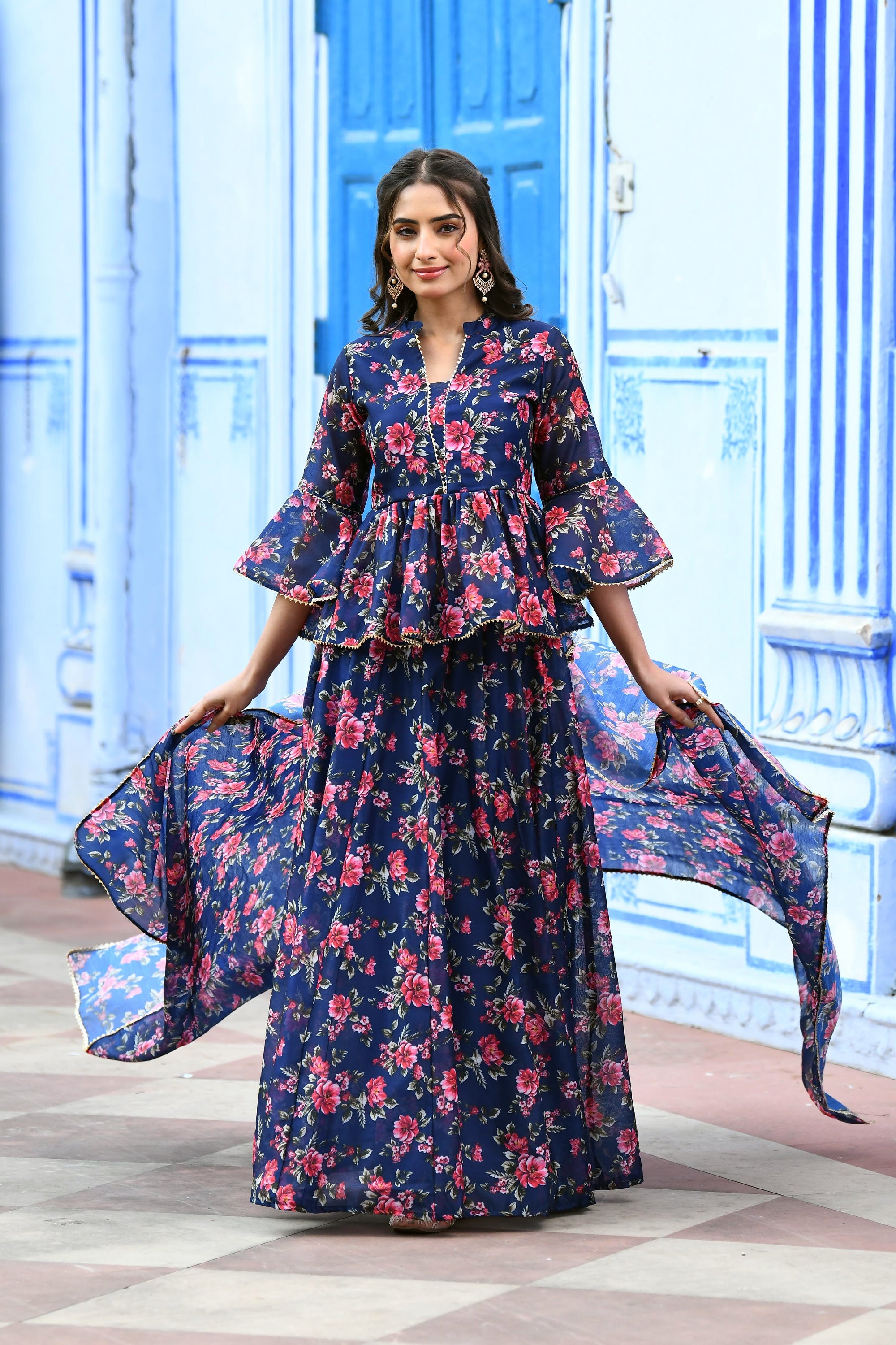 Indigo Floral print Lehenga set  BY SUTI KAPDA -3PC SET
