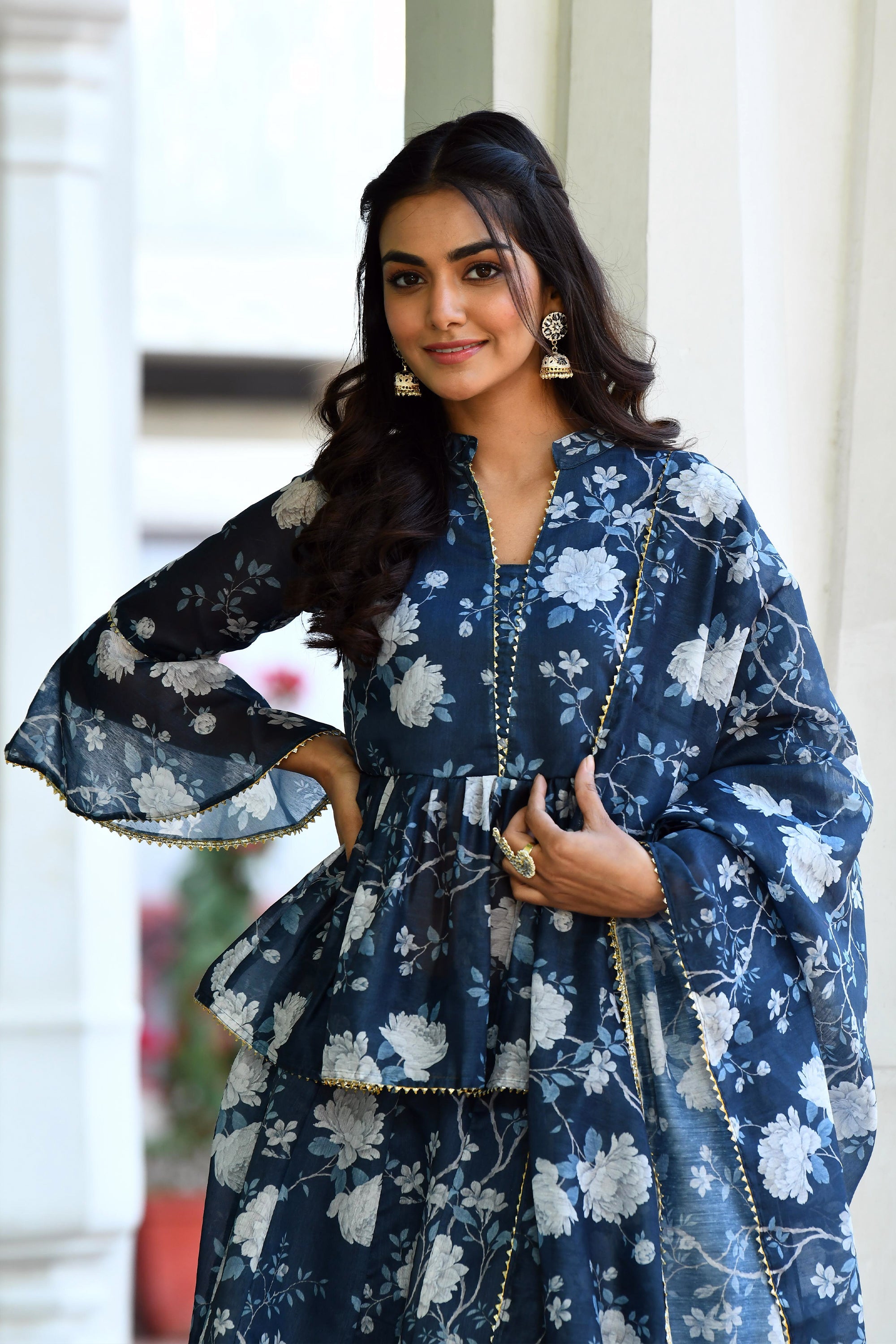 Navy Blue Floral Lehenga set  BY SUTI KAPDA -3PC SET