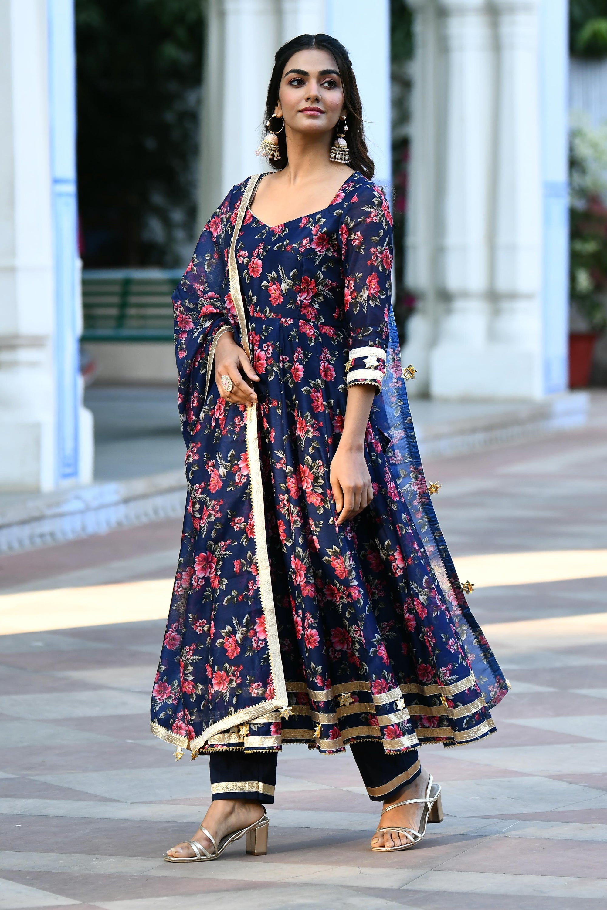 Indigo Floral Anarkali suit set  BY SUTI KAPDA -3PC SET