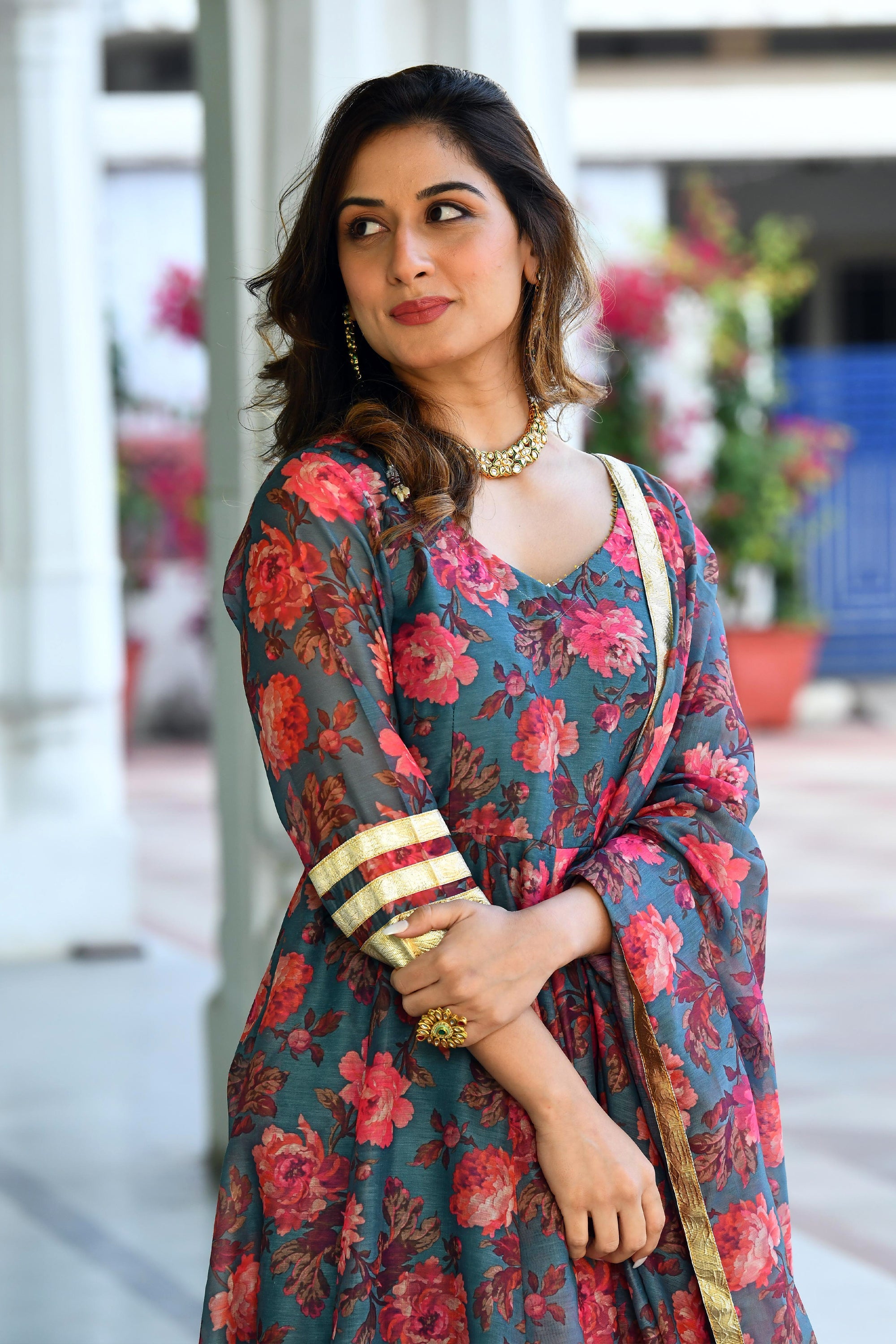 Blue Floral Anarkali kurta set  BY SUTI KAPDA -3PC SET