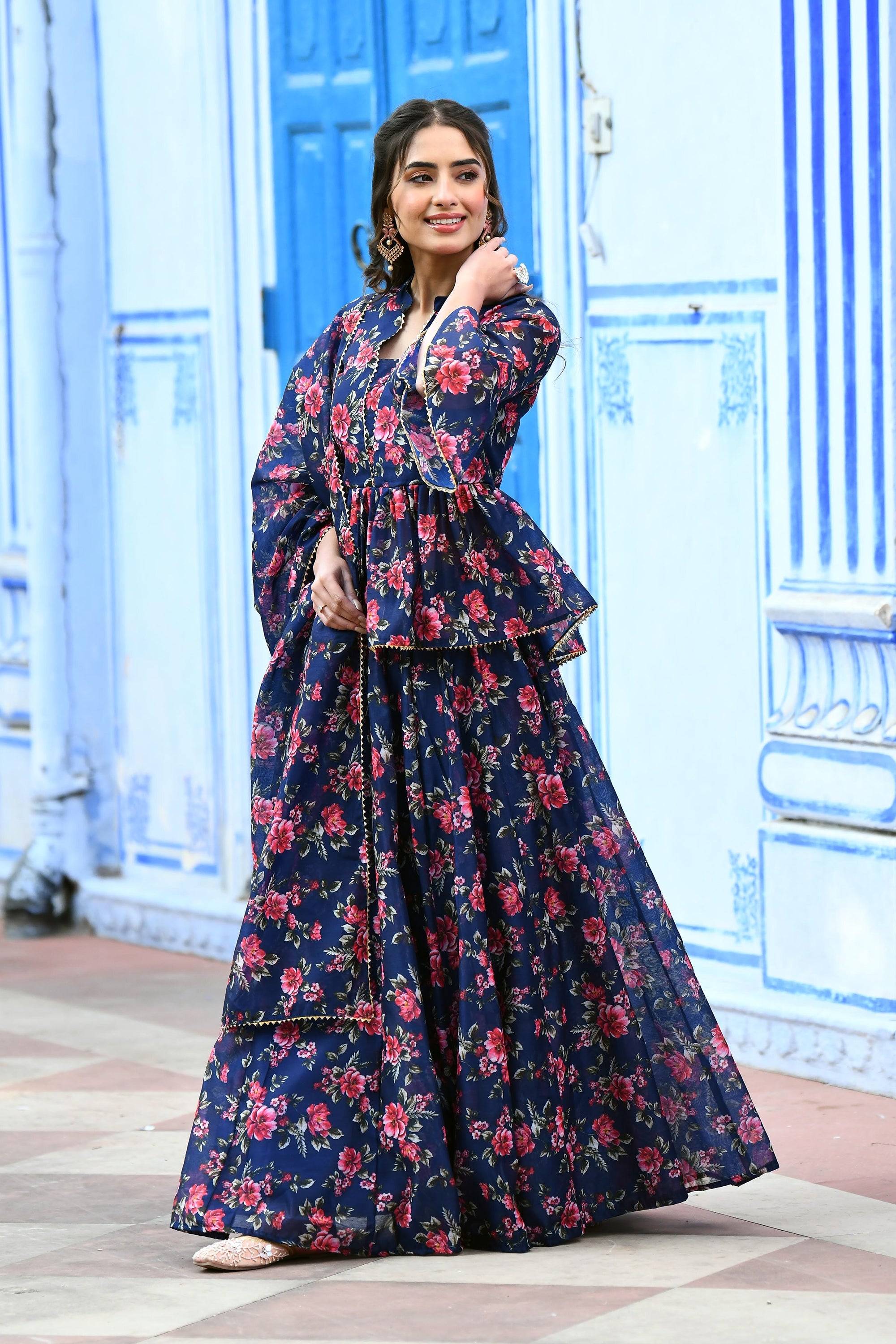 Indigo Floral print Lehenga set  BY SUTI KAPDA -3PC SET