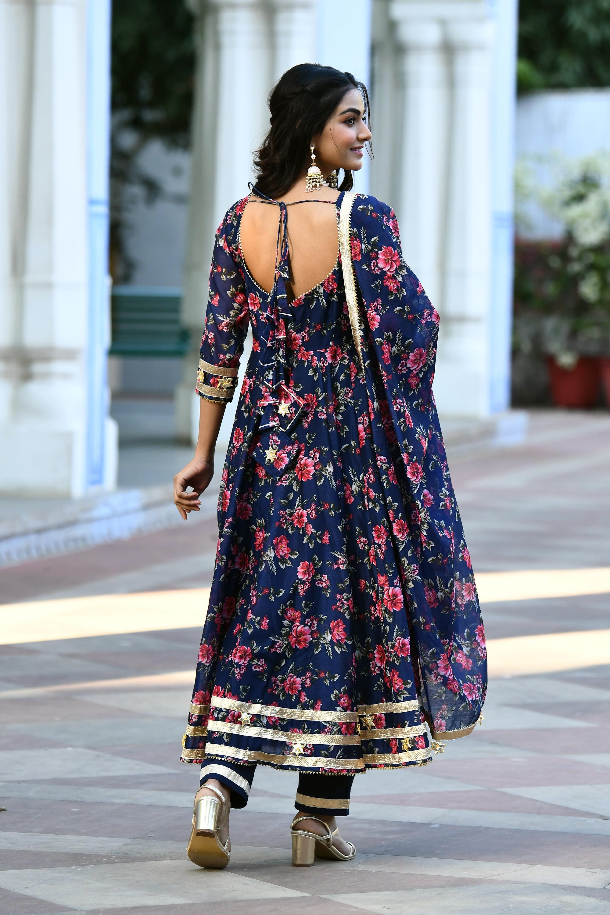 Indigo Floral Anarkali suit set  BY SUTI KAPDA -3PC SET
