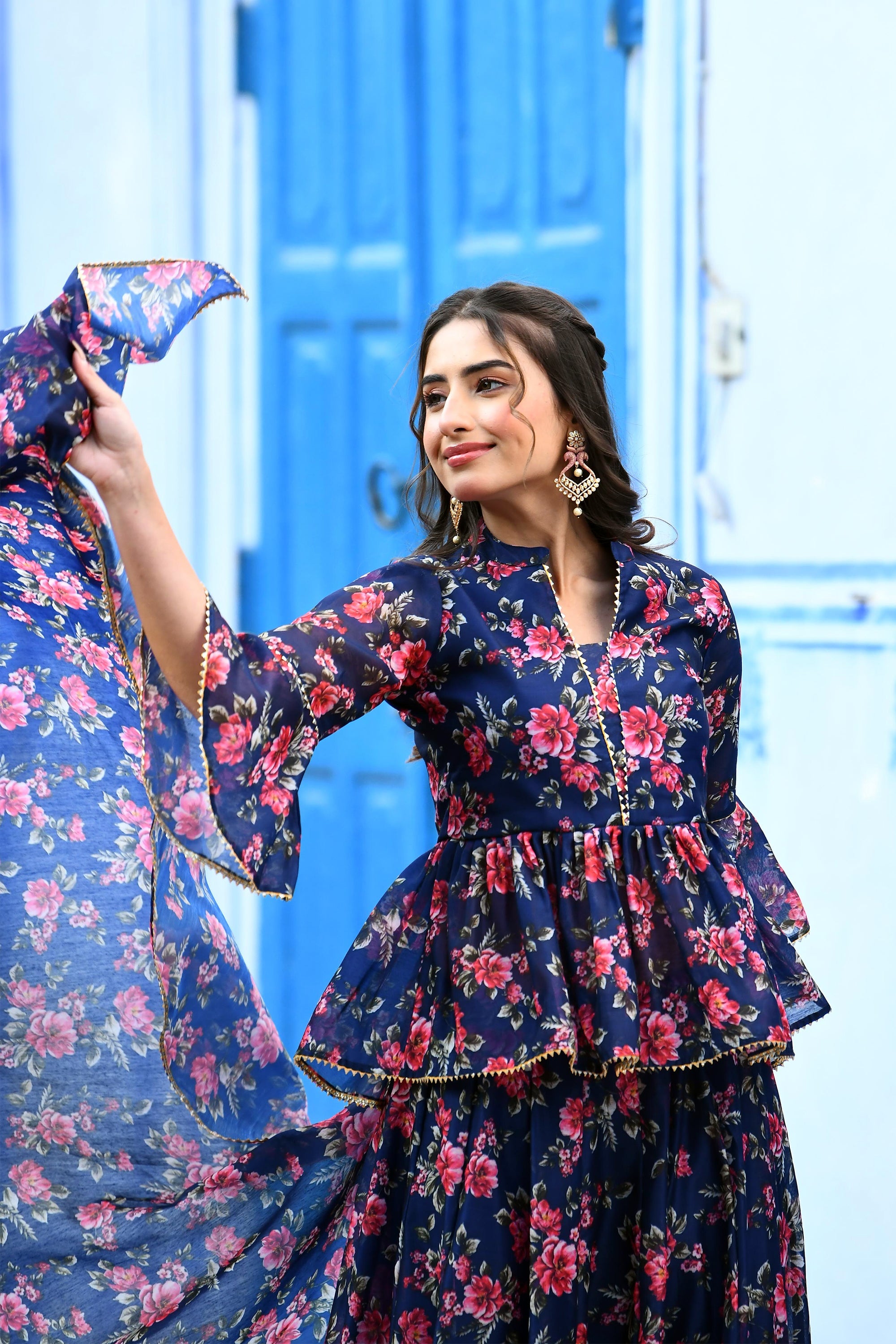 Indigo Floral print Lehenga set  BY SUTI KAPDA -3PC SET