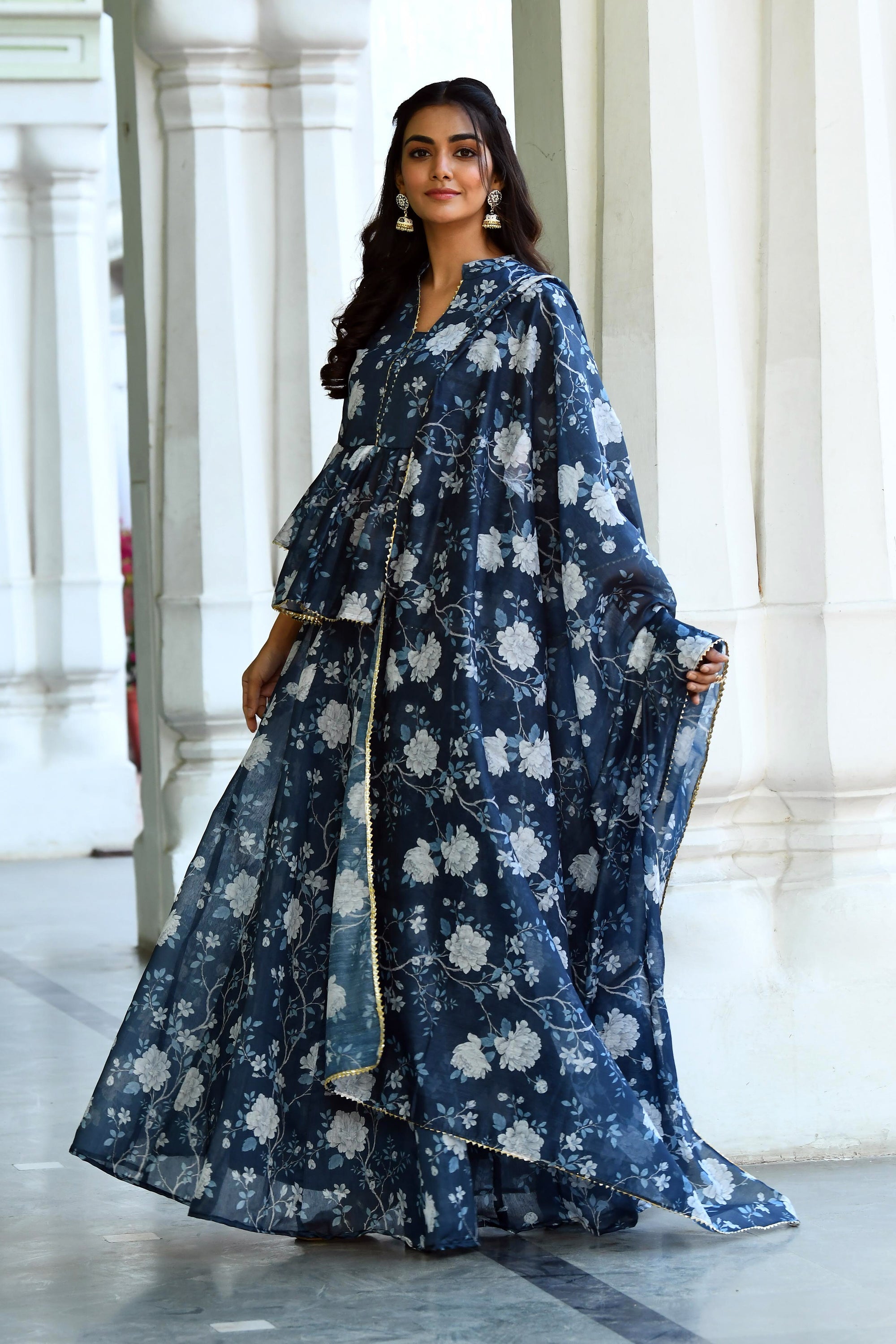Navy Blue Floral Lehenga set  BY SUTI KAPDA -3PC SET