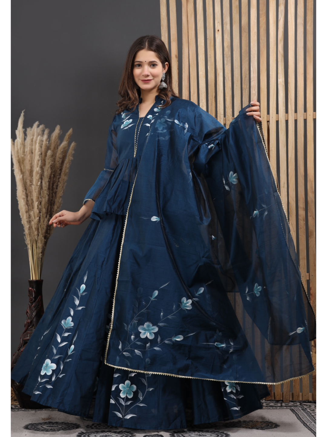 Blue Peplum Top With Skirt & Dupatta Set