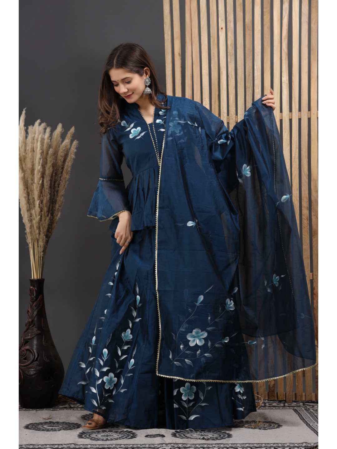 Blue Peplum Top With Skirt & Dupatta Set