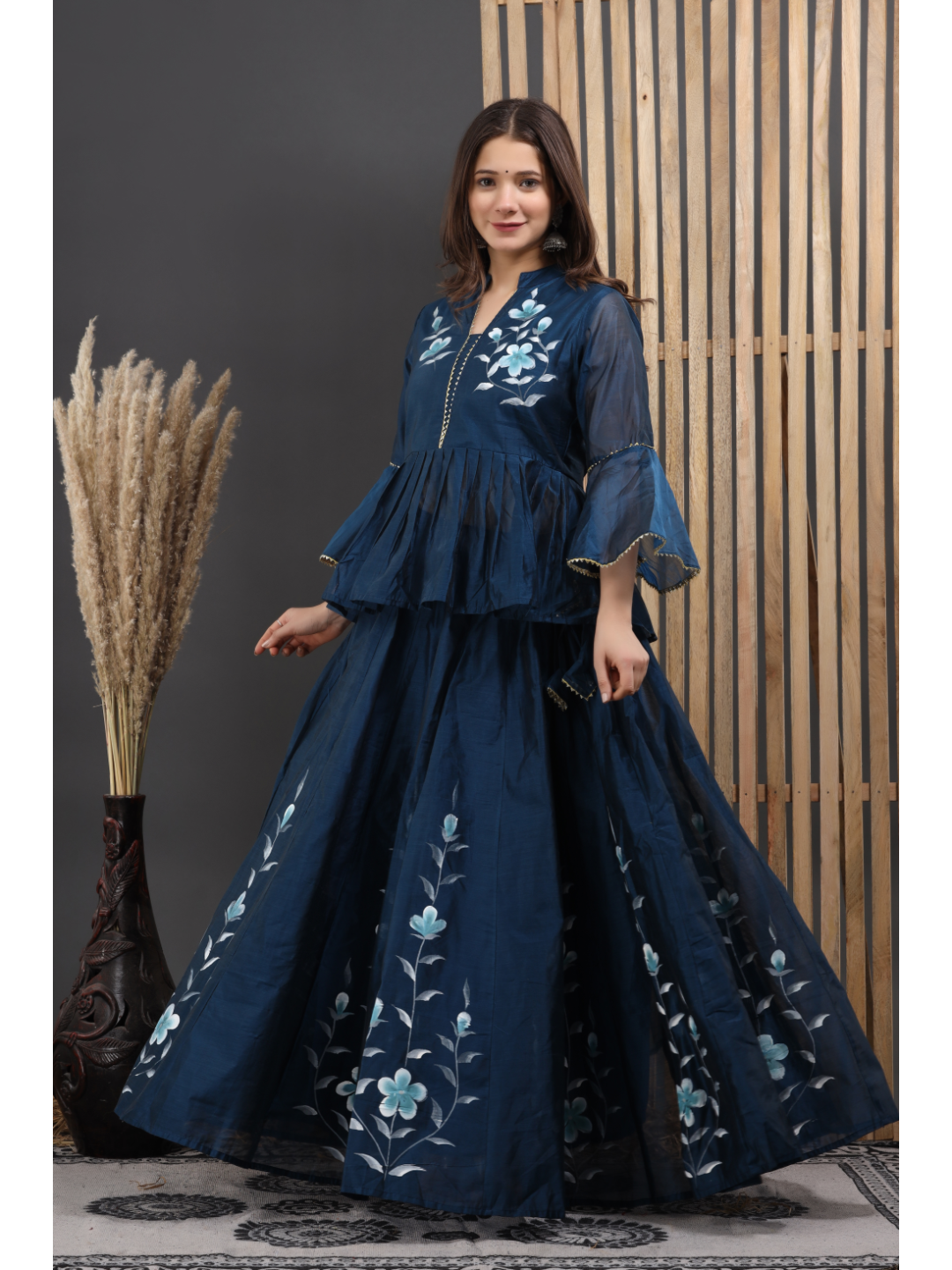 Blue Peplum Top With Skirt & Dupatta Set