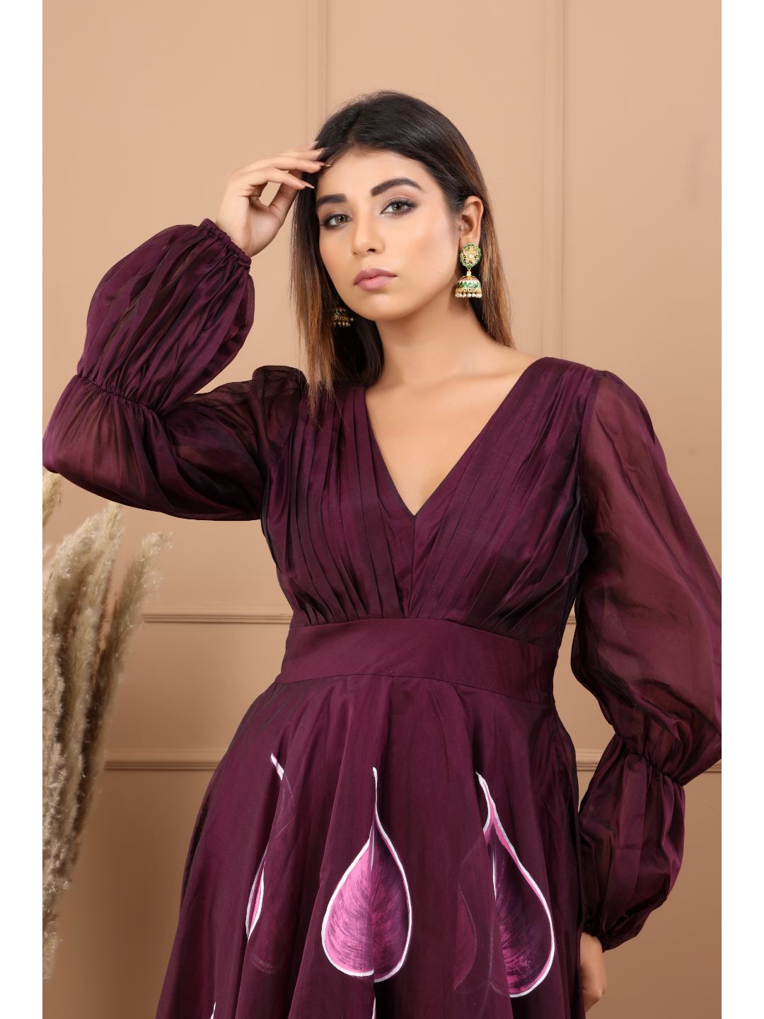 Burgandy Chanderi Hand Paint Dress