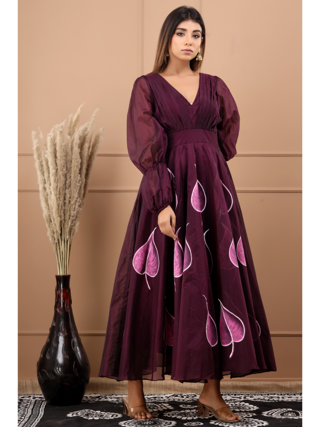 Burgandy Chanderi Hand Paint Dress