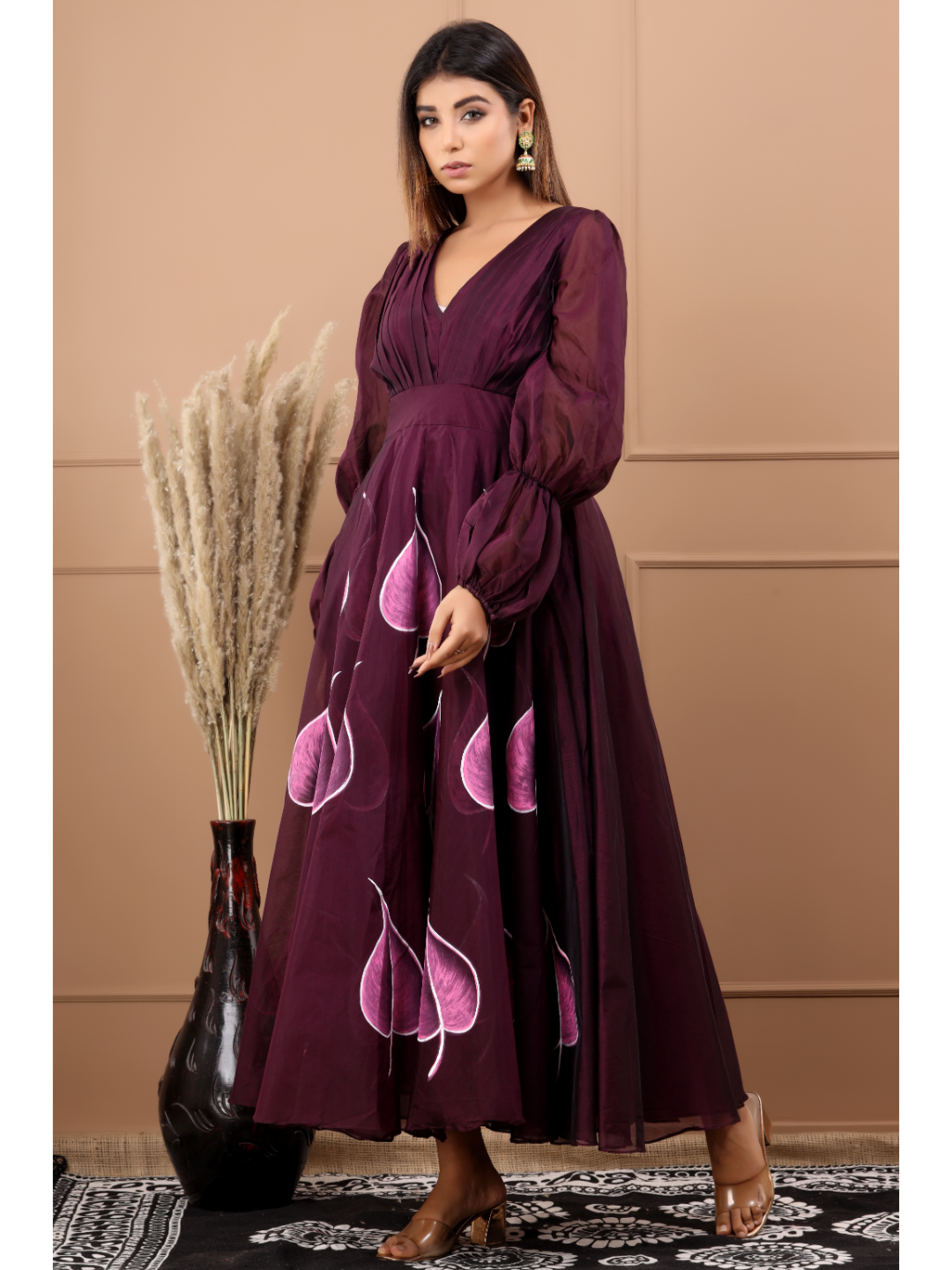 Burgandy Chanderi Hand Paint Dress