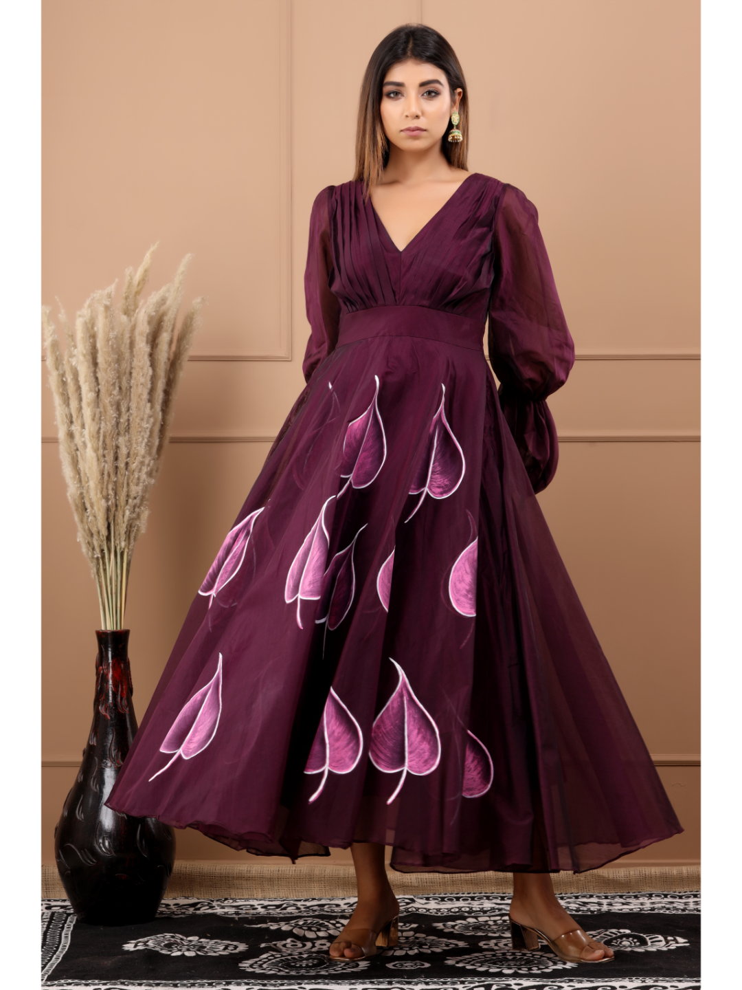 Burgandy Chanderi Hand Paint Dress