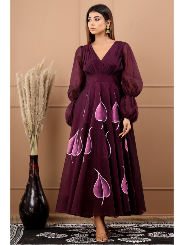 Burgandy Chanderi Hand Paint Dress