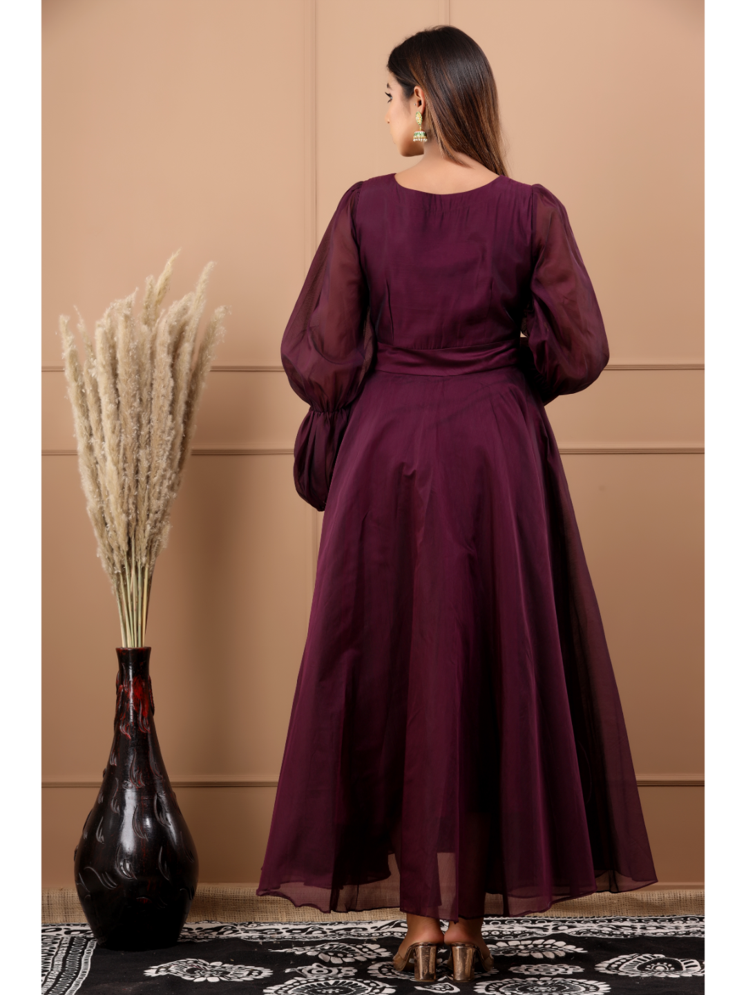 Burgandy Chanderi Hand Paint Dress