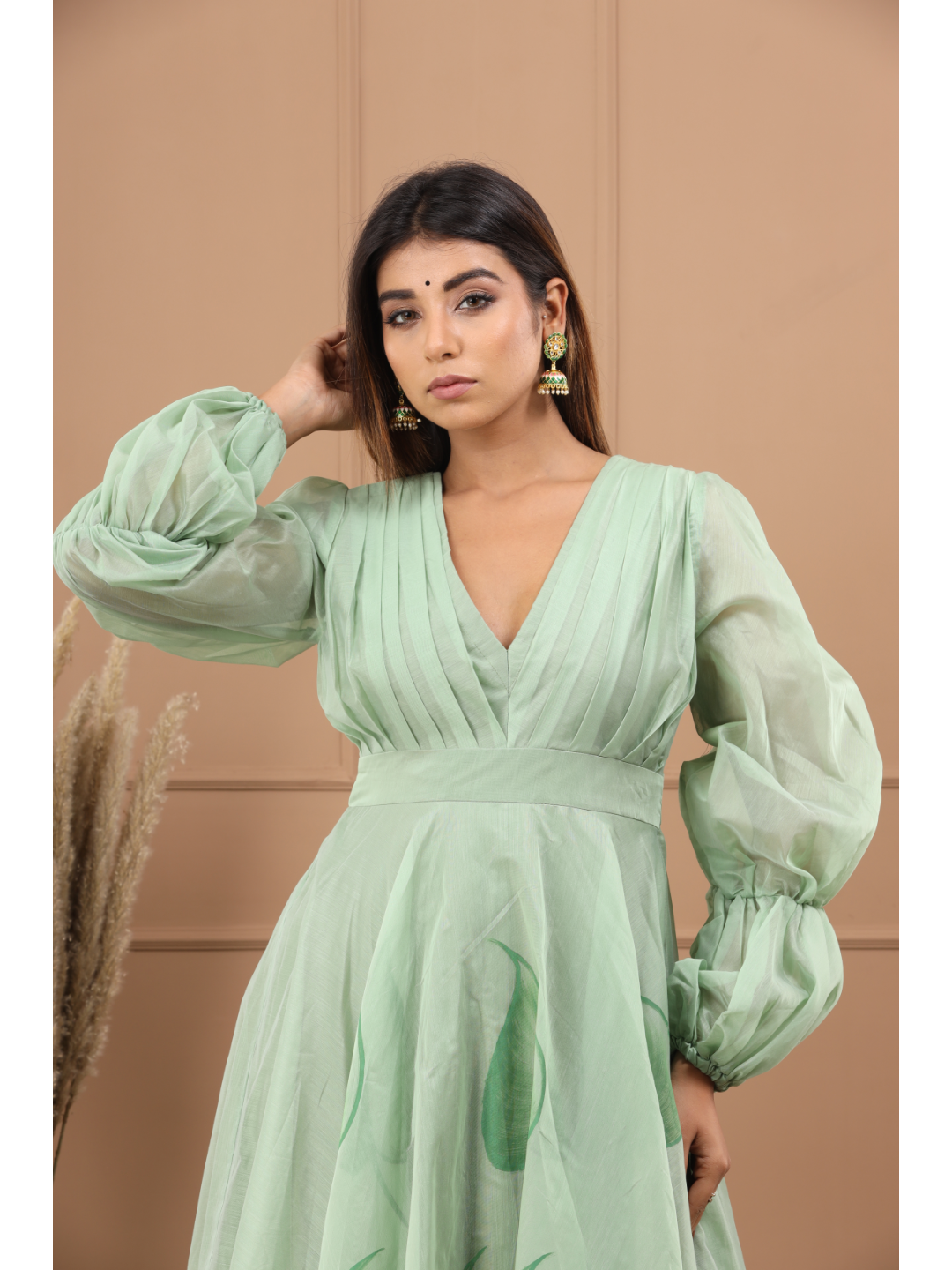 Olive Chanderi Hand Paint Dress