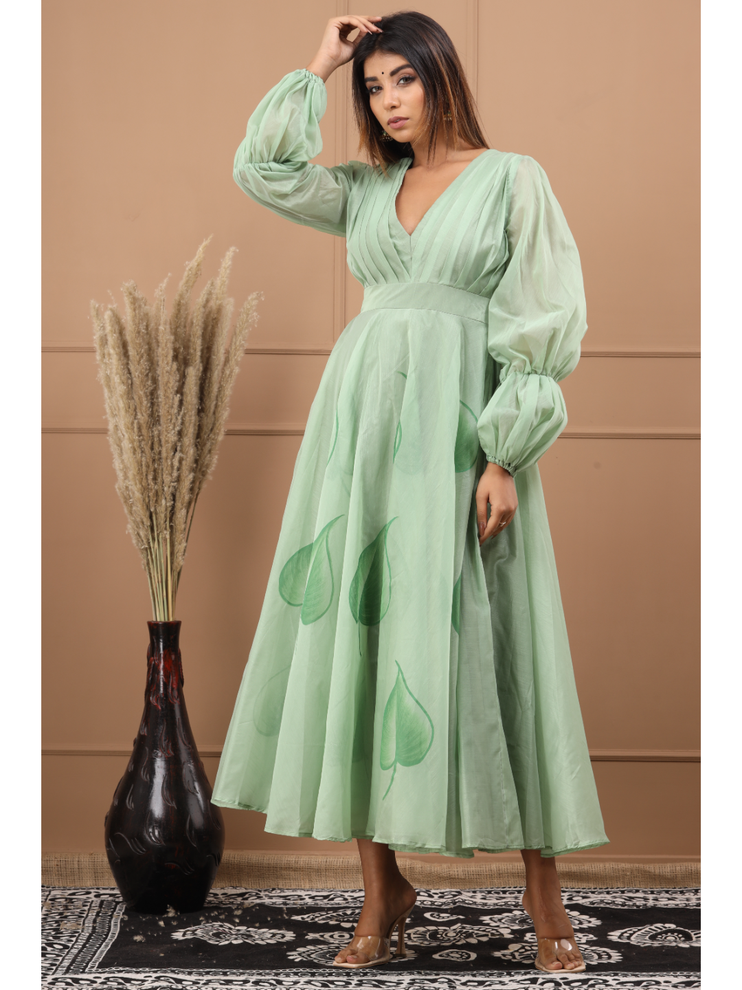 Olive Chanderi Hand Paint Dress