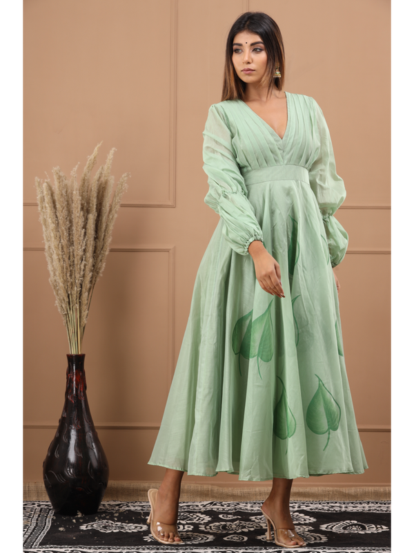 Olive Chanderi Hand Paint Dress