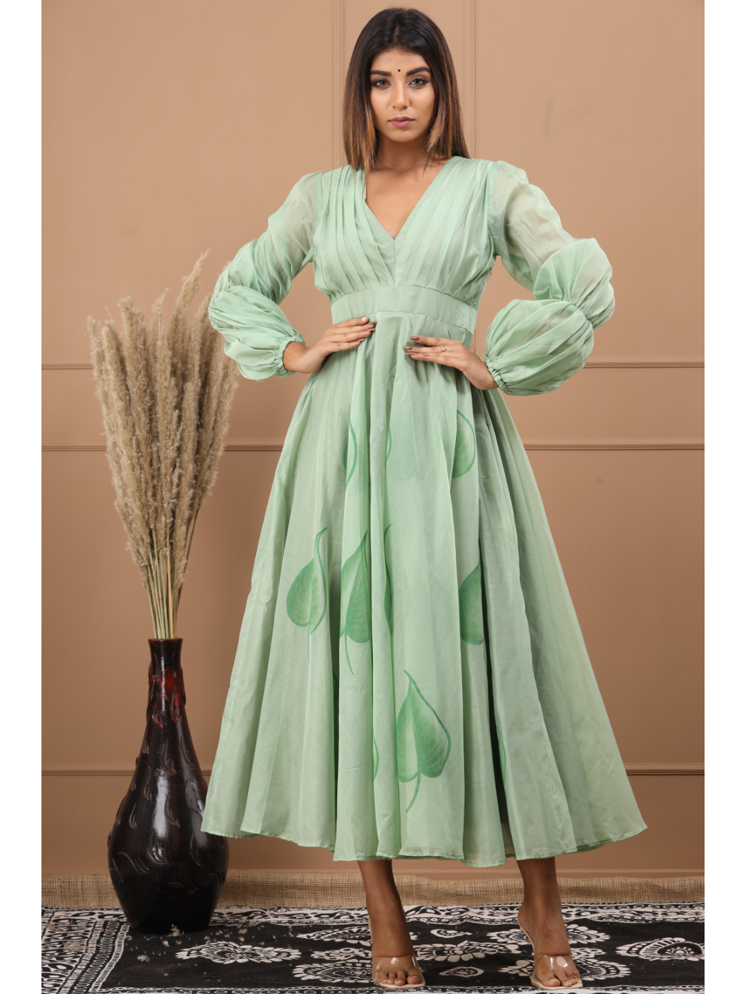 Olive Chanderi Hand Paint Dress