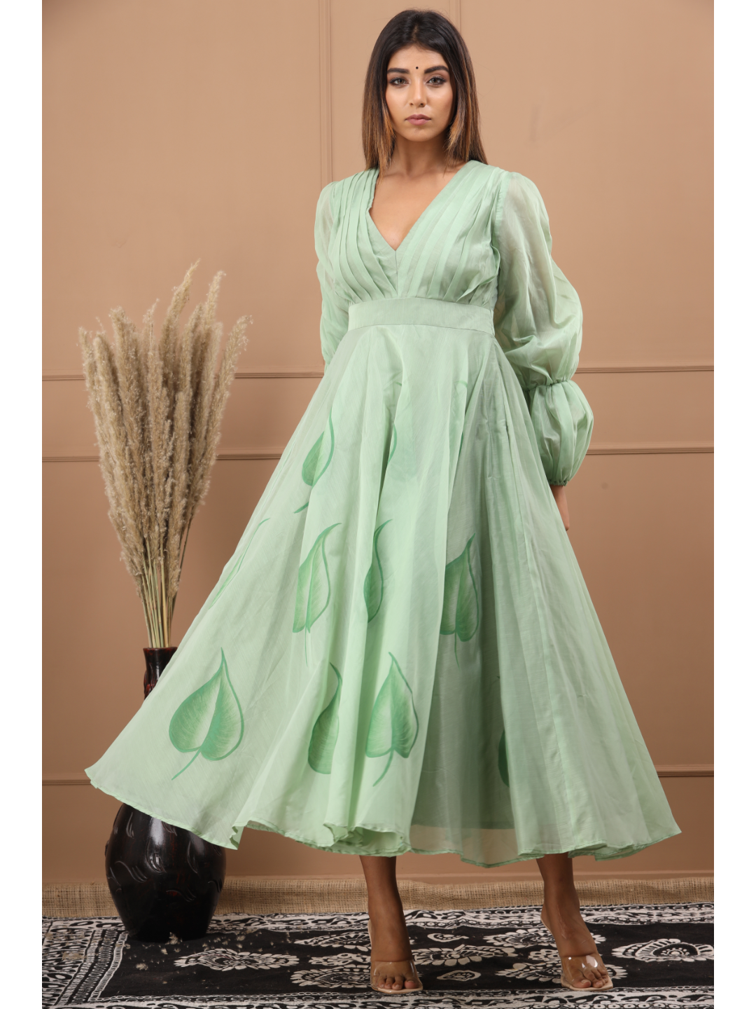 Olive Chanderi Hand Paint Dress