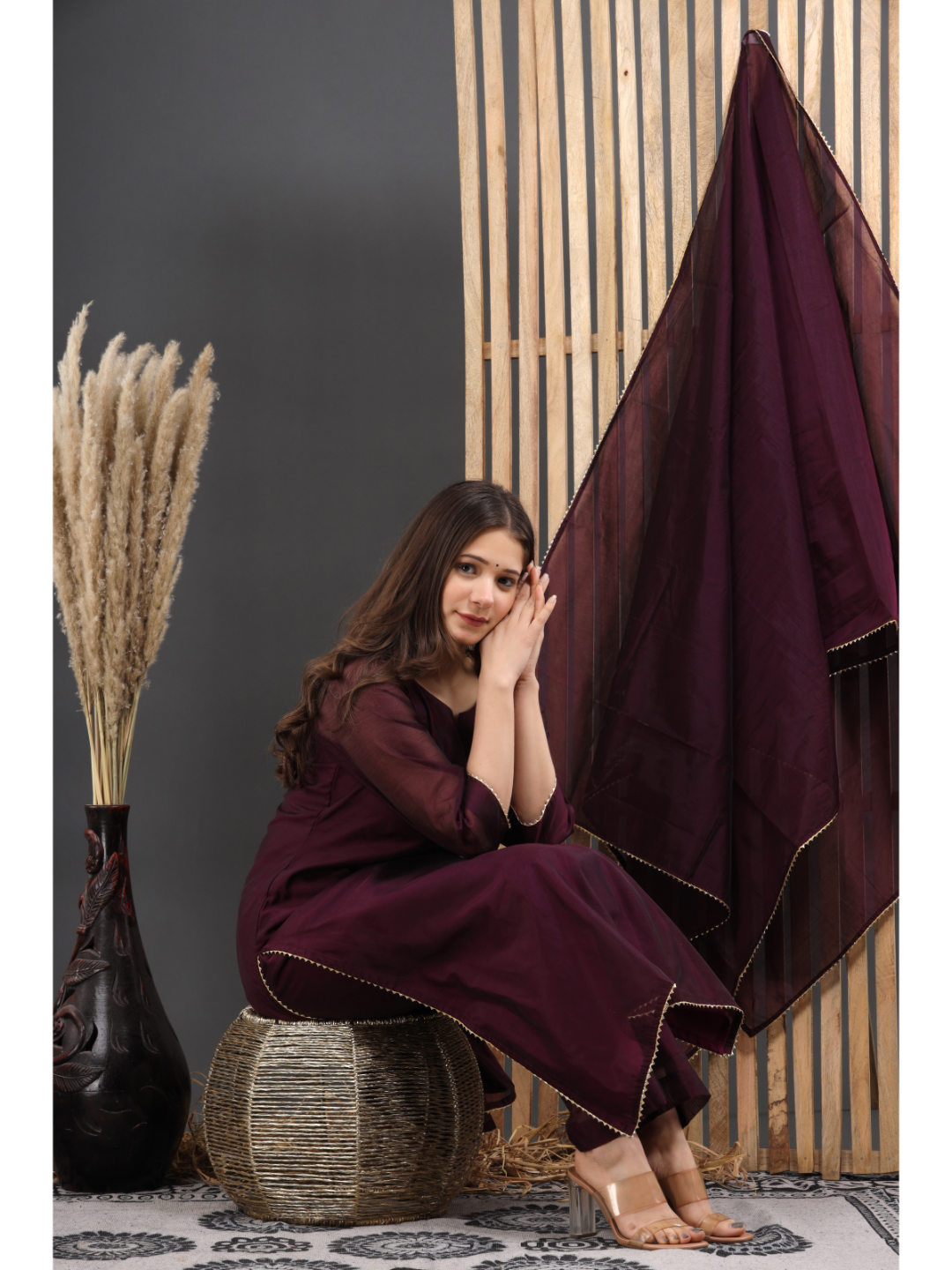 Burgandy Chanderi Suit Set