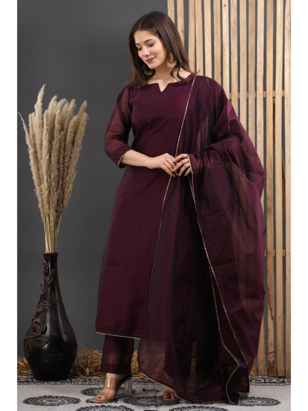 Burgandy Chanderi Suit Set