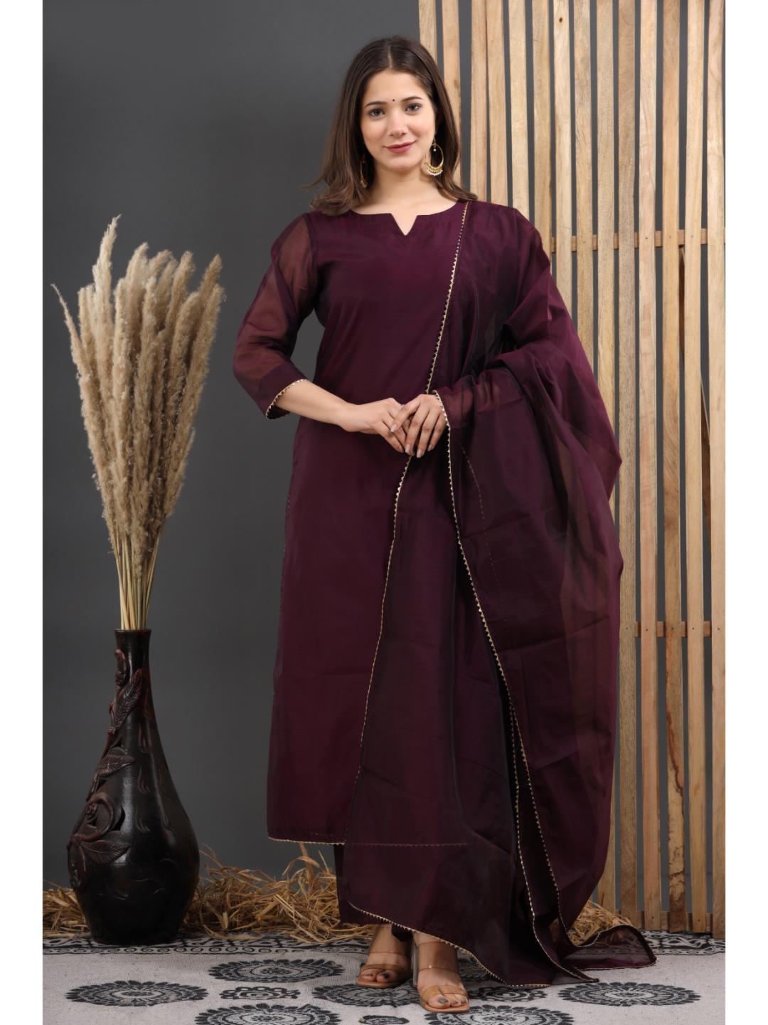 Burgandy Chanderi Suit Set