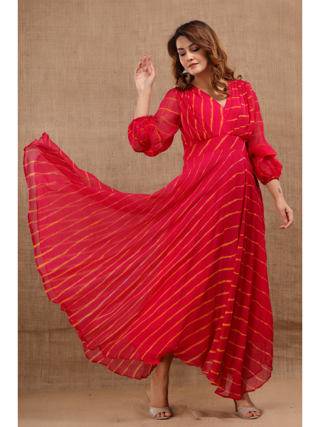 Red Lehria Chiffon Dress