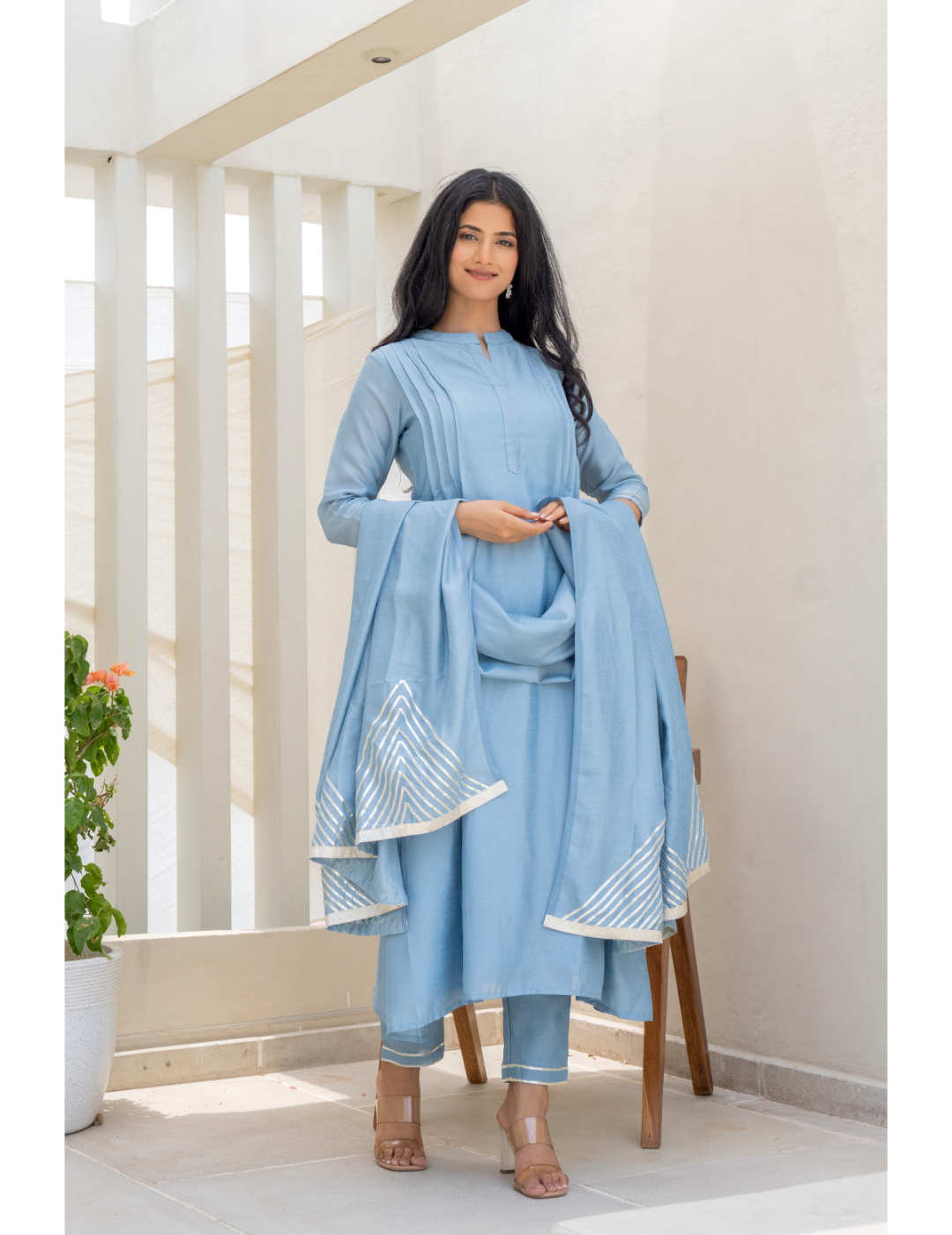 Powder Blue Hand Block & Pintex Suit Set