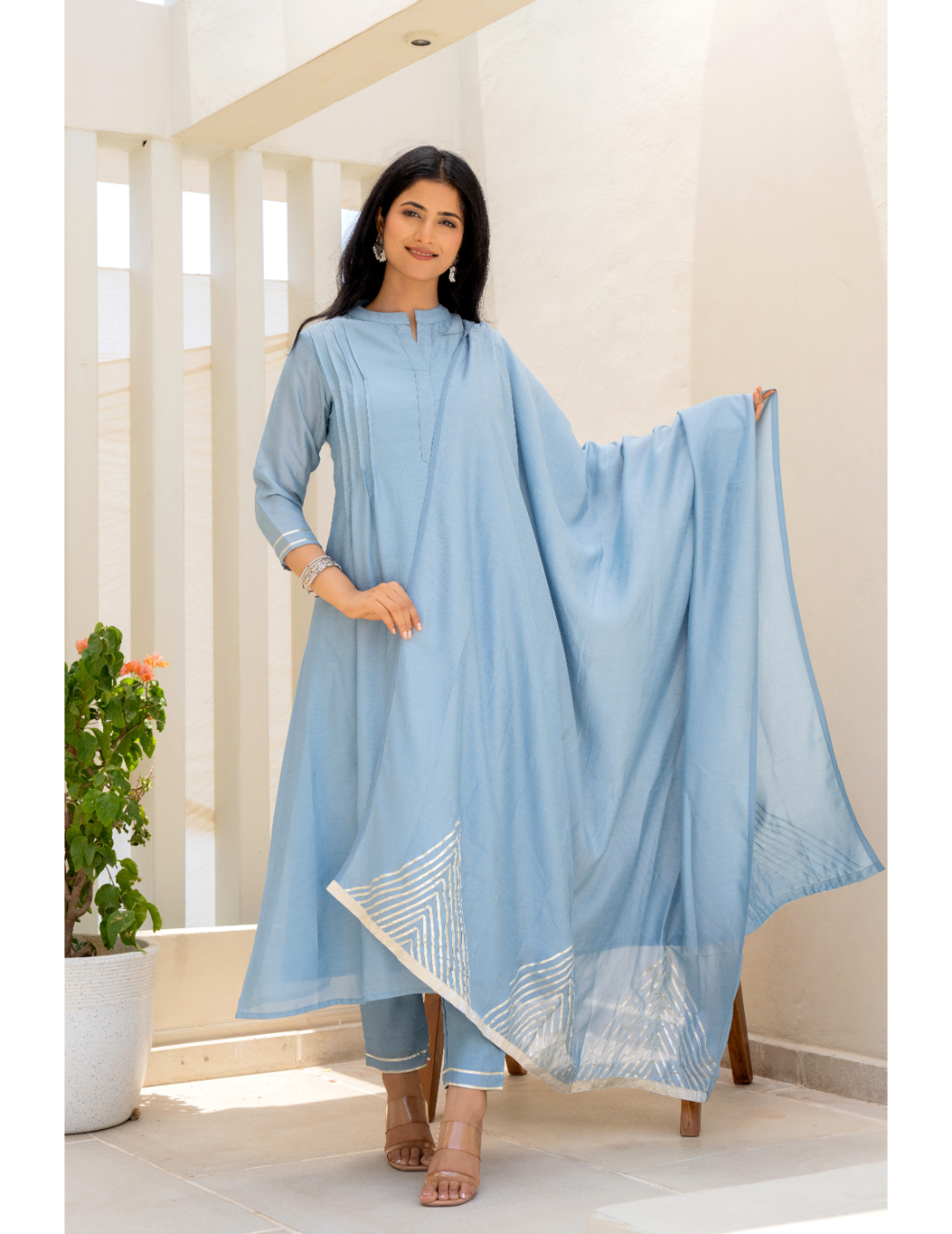 Powder Blue Hand Block & Pintex Suit Set