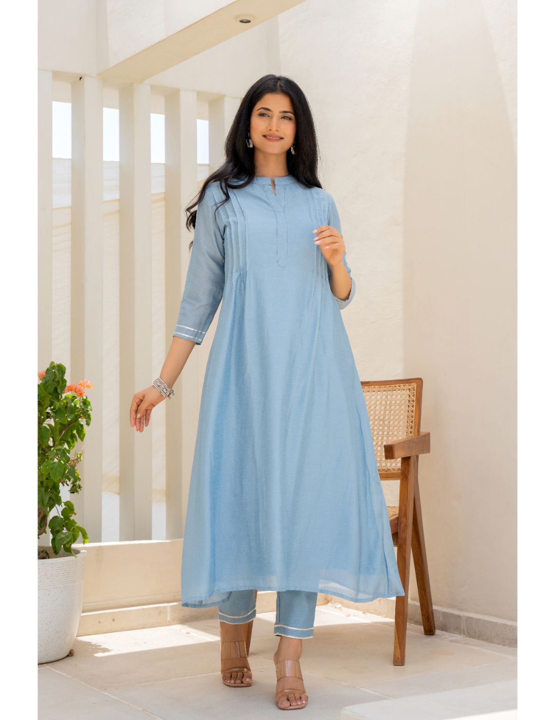 Powder Blue Hand Block & Pintex Suit Set