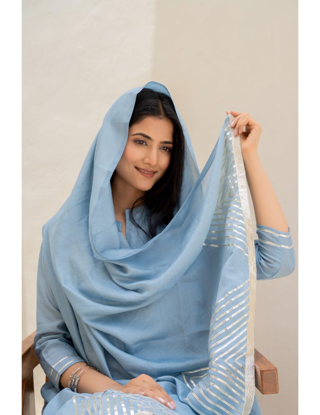 Powder Blue Hand Block & Pintex Suit Set