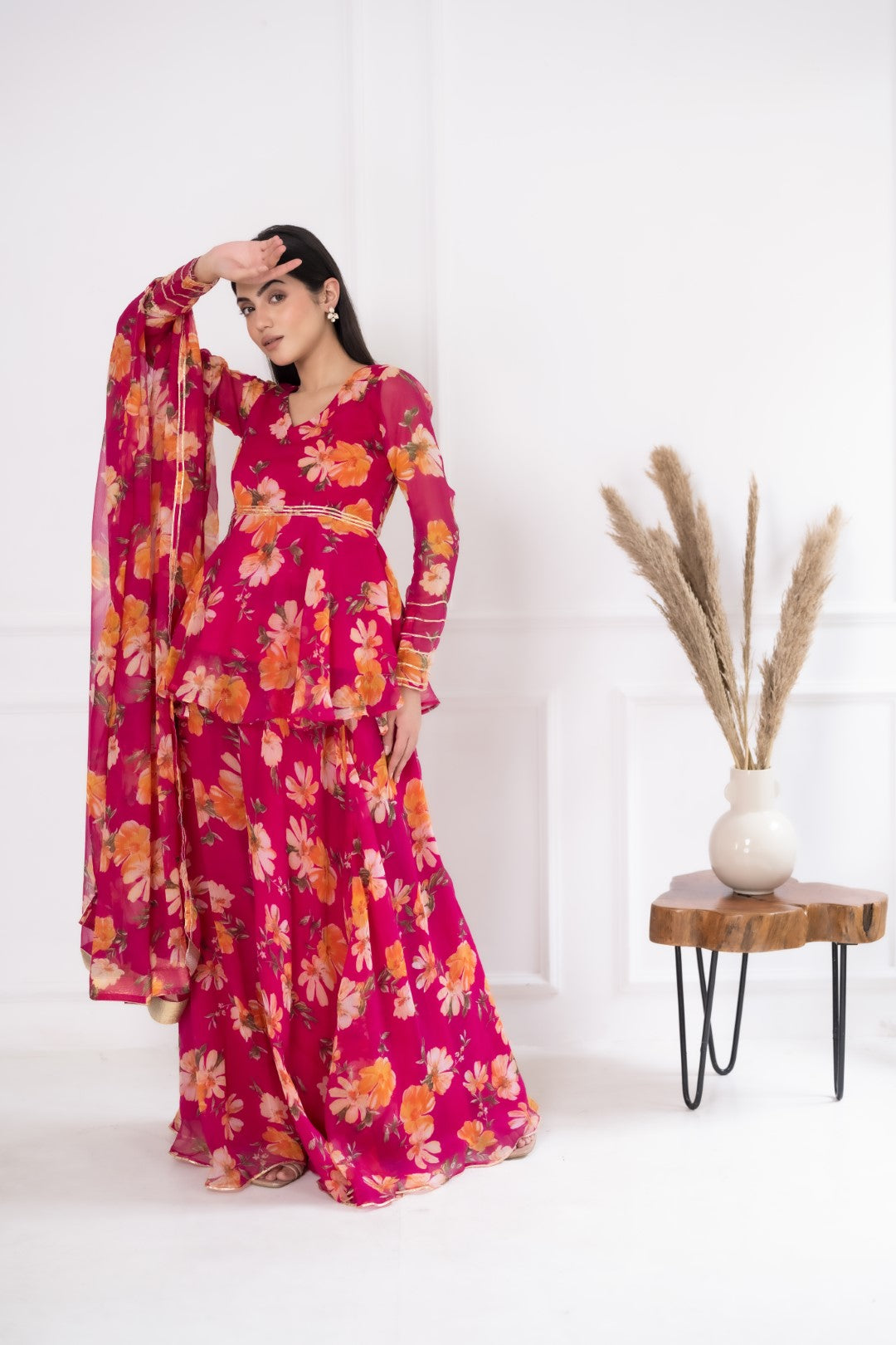 Pink Digital Print Chiffon Lehnga Set