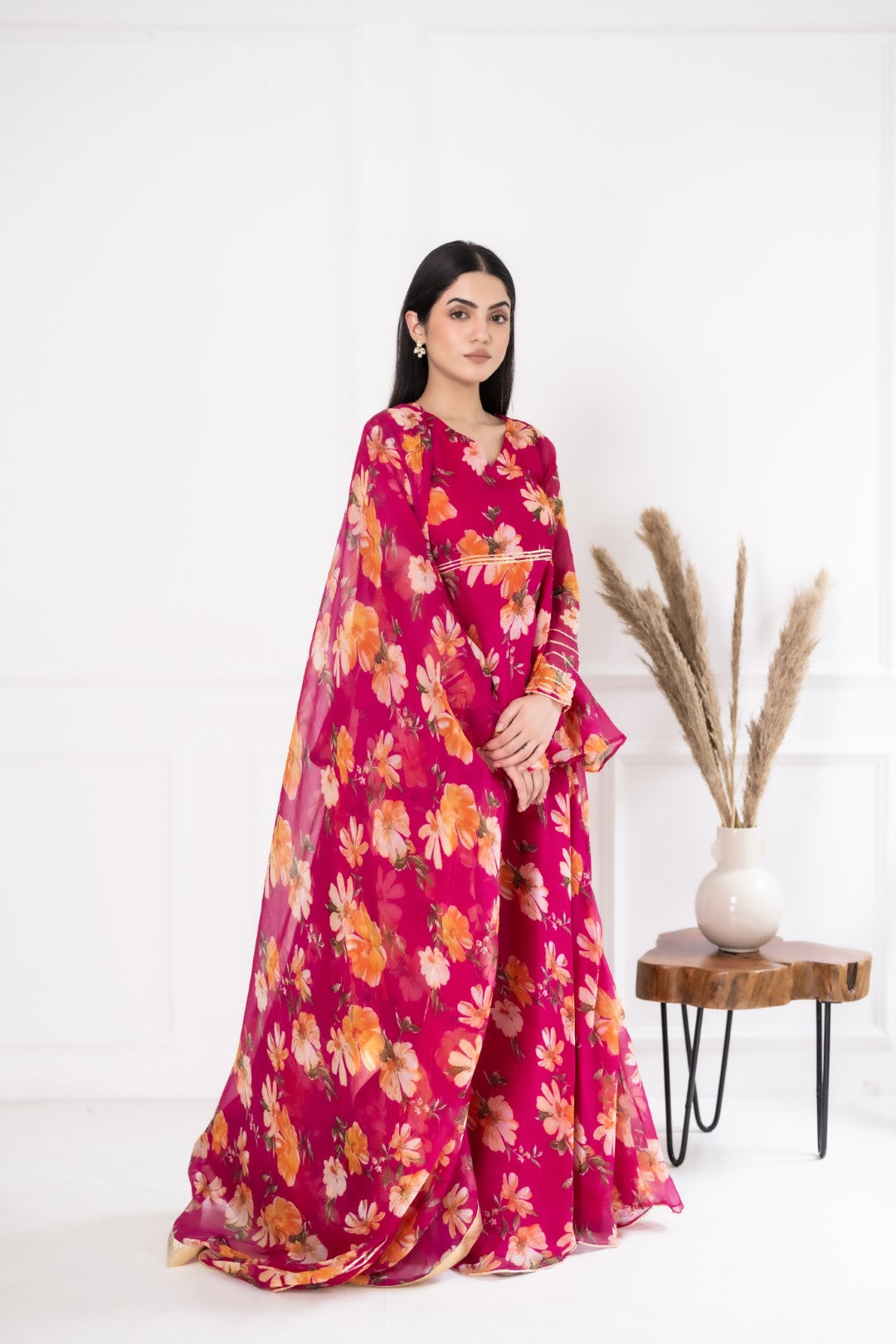 Pink Digital Print Chiffon Lehnga Set