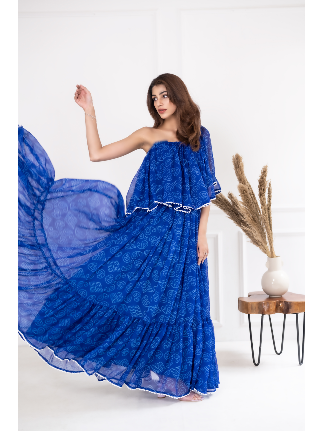Blue Bandhani Off-Shoulder Dress