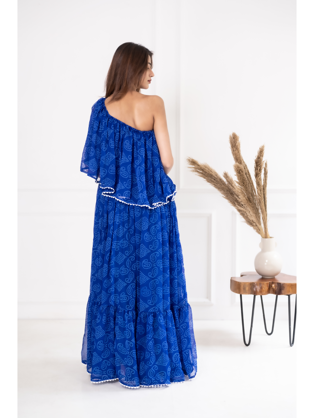 Blue Bandhani Off-Shoulder Dress