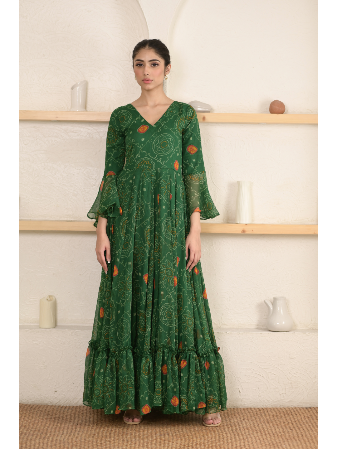 Green Ruffle Bandhani Dress