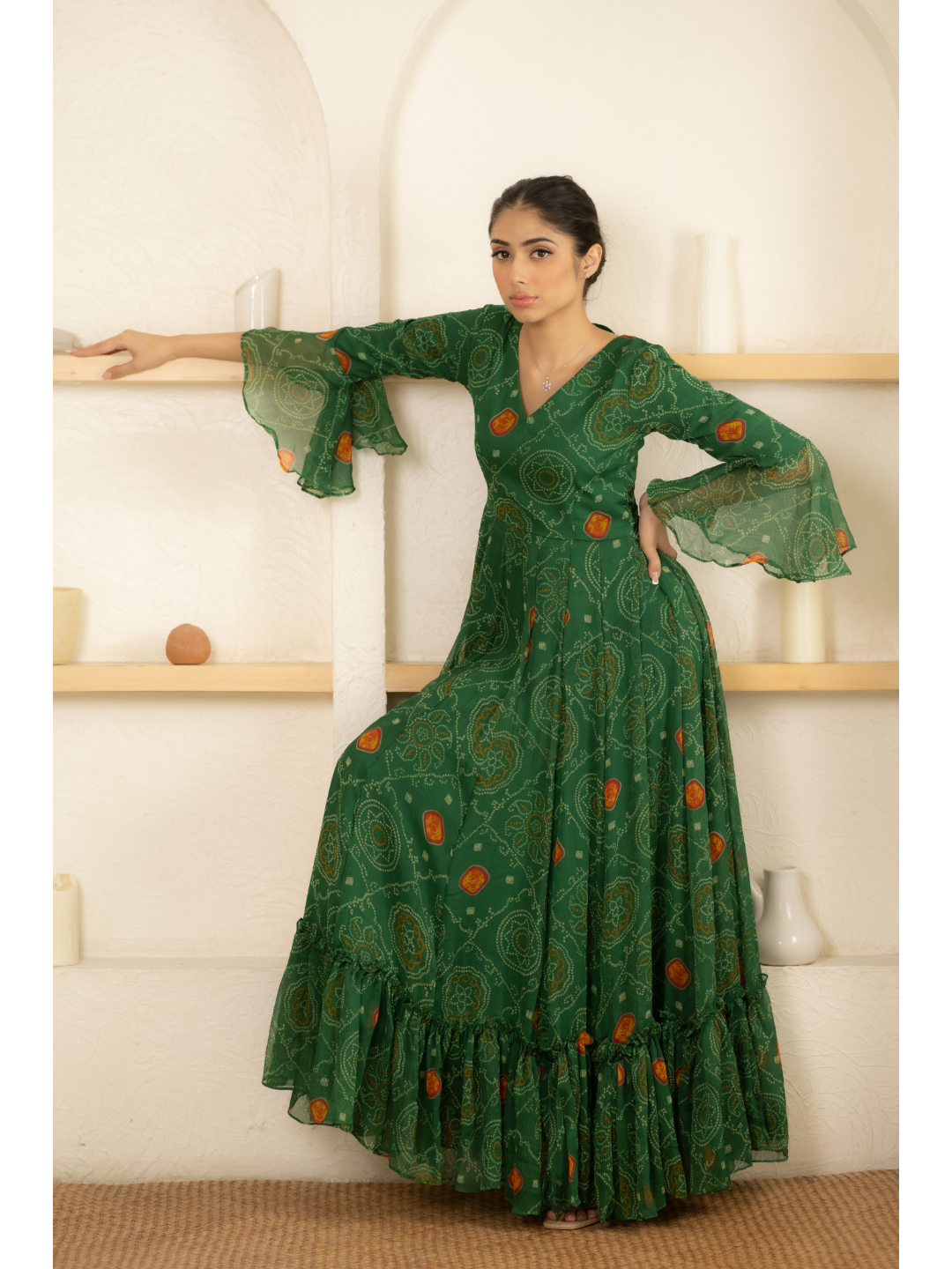 Green Ruffle Bandhani Dress