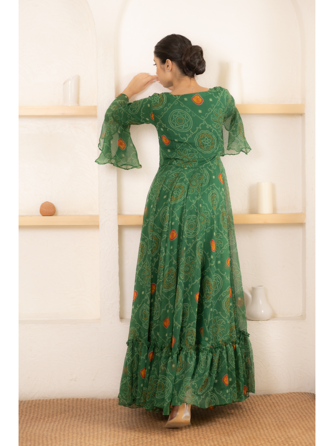 Green Ruffle Bandhani Dress