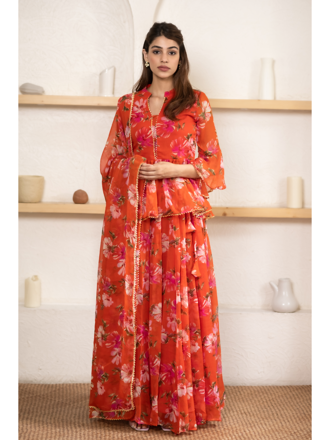 Orange Digital Print Lehnga Top Set