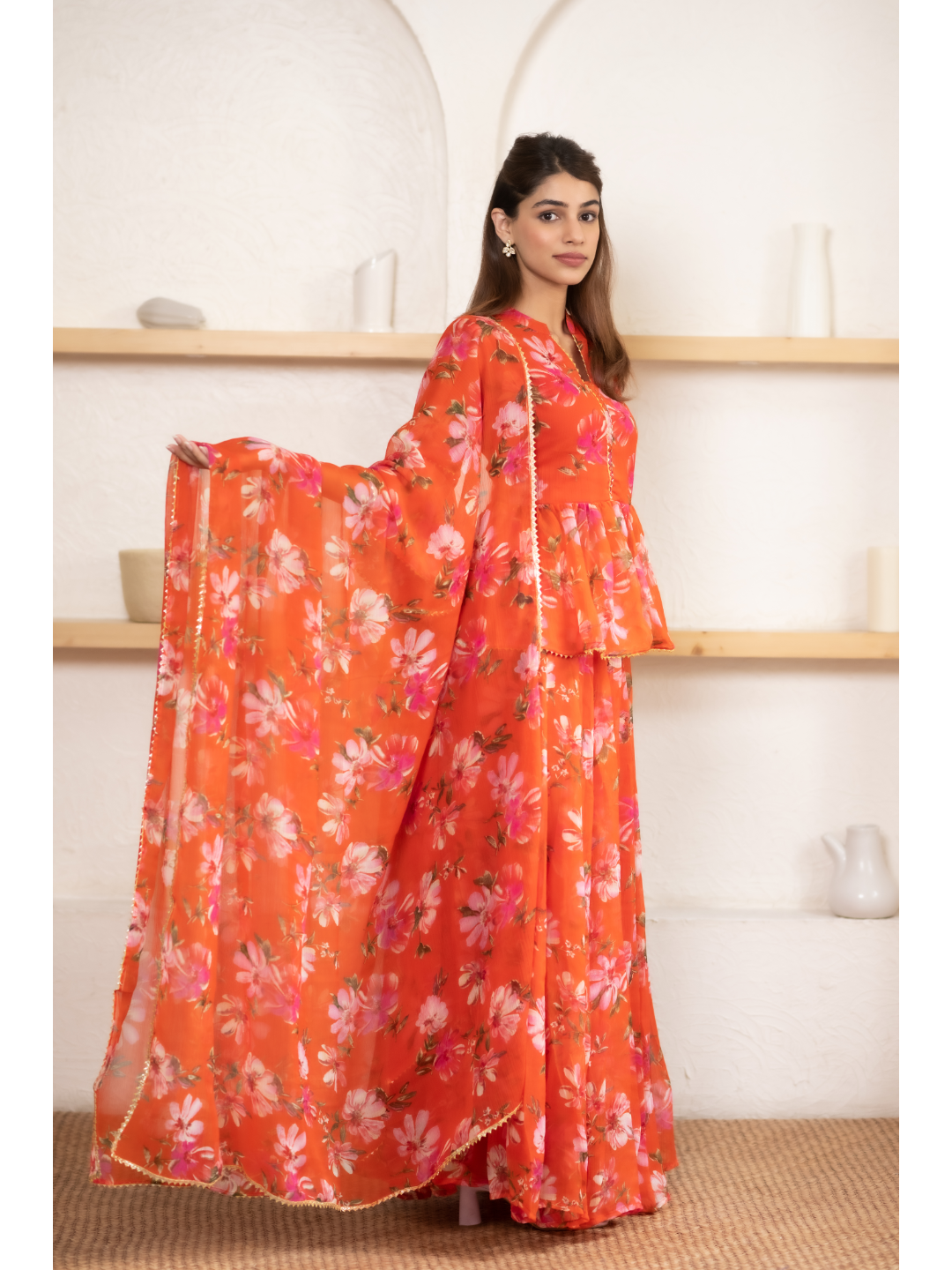 Orange Digital Print Lehnga Top Set