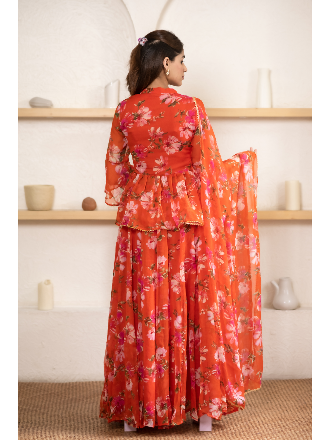 Orange Digital Print Lehnga Top Set