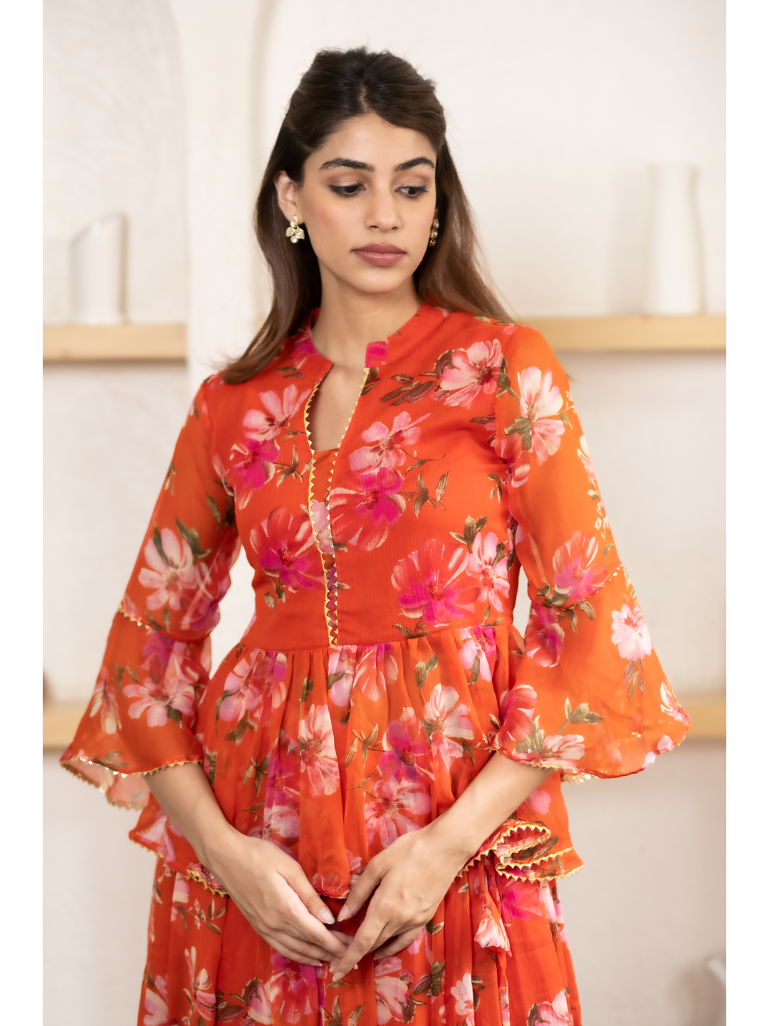 Orange Digital Print Lehnga Top Set