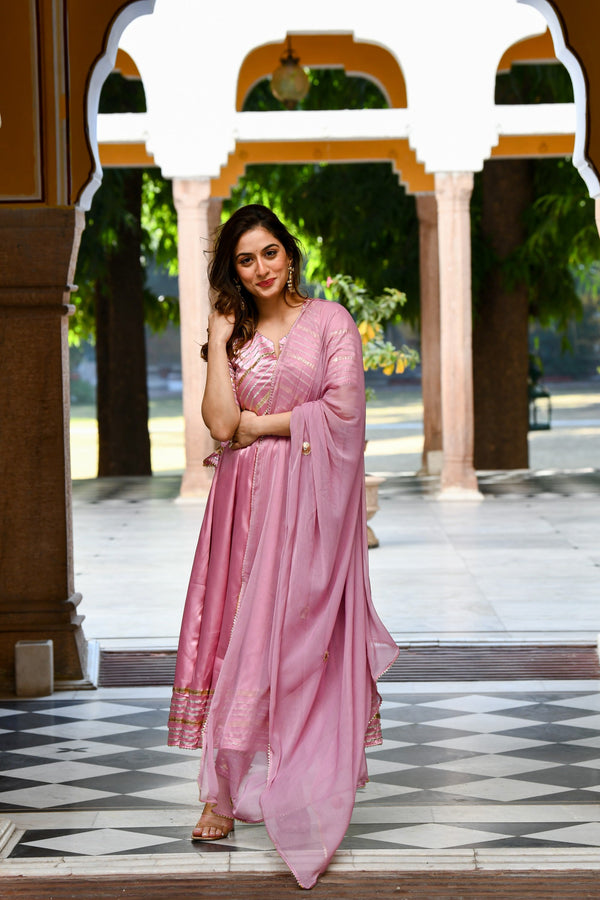 Mauve Satin Anarkali Kurta With Dupatta- 3Pc Set By SUTI KAPDA